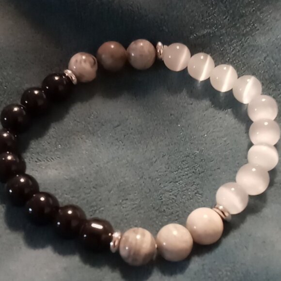 Natural stone agate bracelet obsidian, quarts & silver beaded accent expandable - Picture 1 of 6